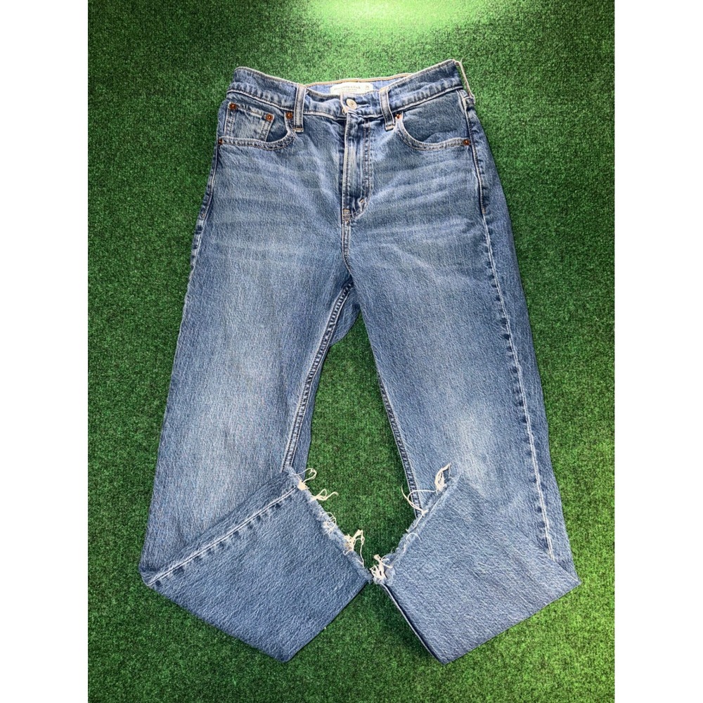 Abercrombie & Fitch Ultra High Rise Ankle Straight Jeans Blue Raw Hem 25 Short